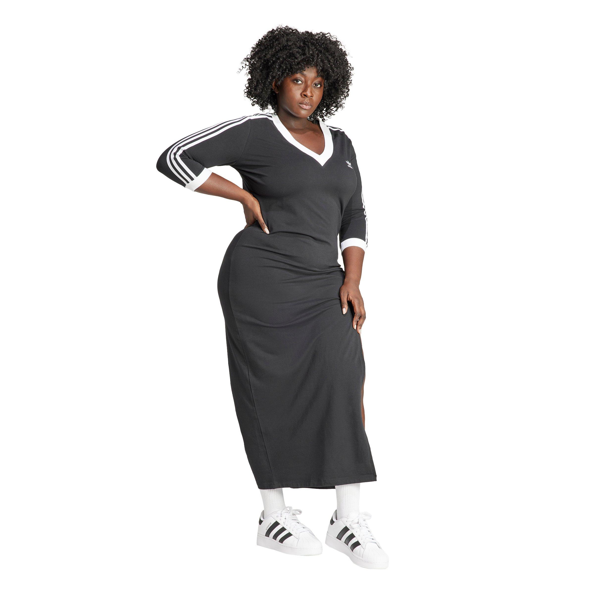 adidas Originals Women's Adicolor Classics 3-Stripes V-Neck Maxi Dress with Side Hem Slit - Black - BLACK